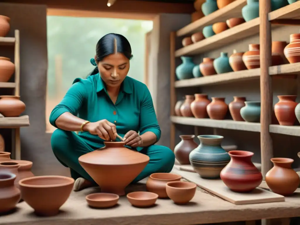 Artesanos indígenas preservando su arte ancestral con herramientas digitales en un taller soleado