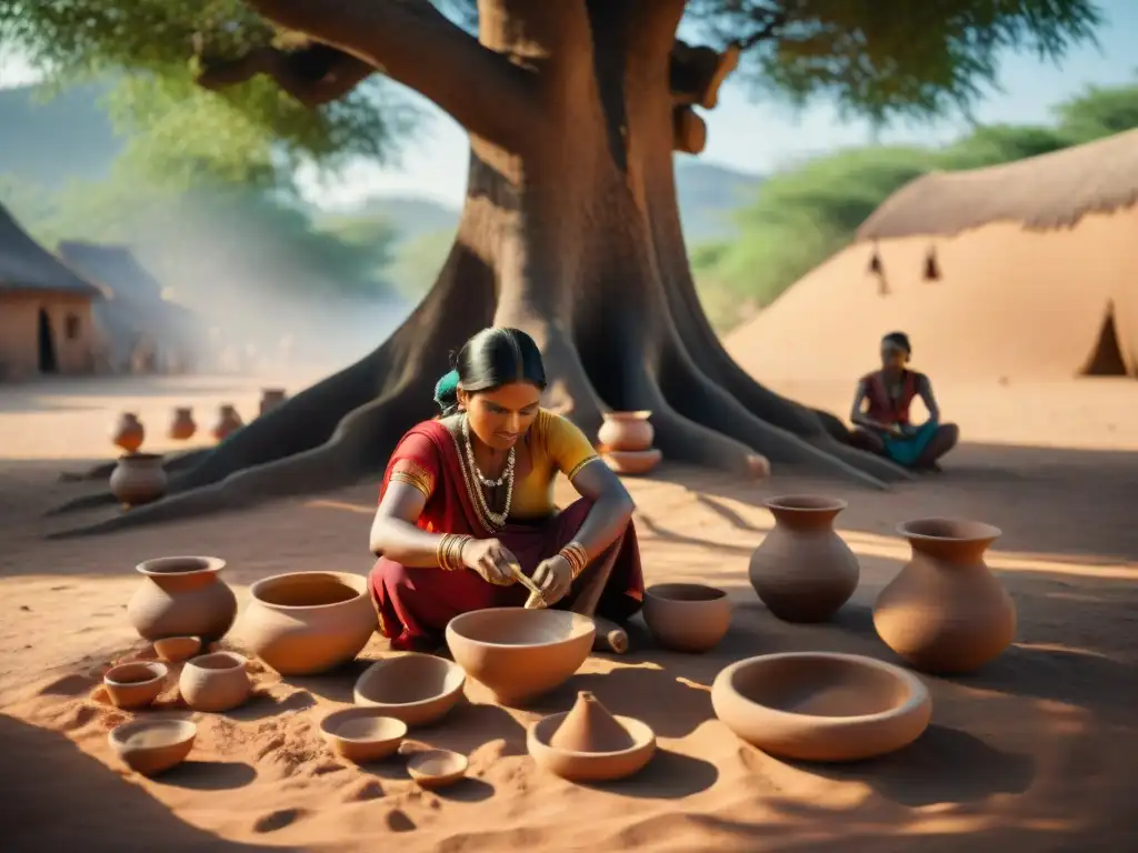 Artesanos indígenas creando cerámica bajo un árbol ancestral