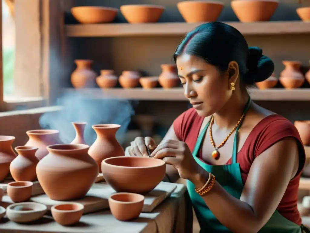 Artesanos indígenas creando cerámica auténtica en taller tradicional