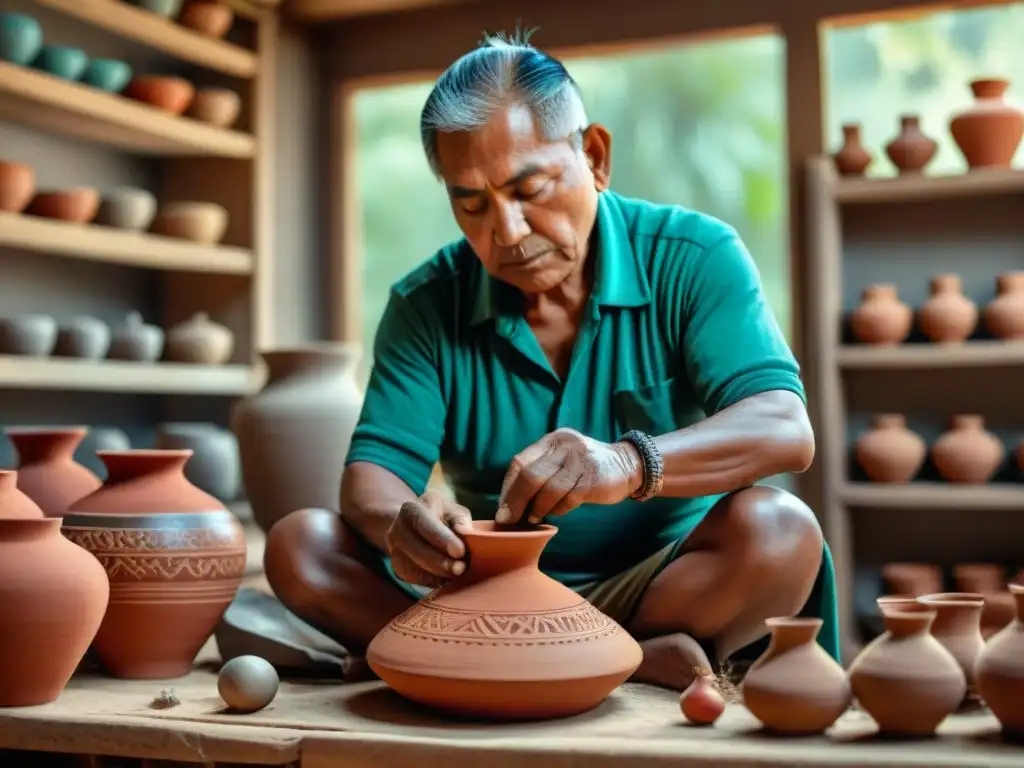 Artesanos indígenas crean cerámica en taller adornado