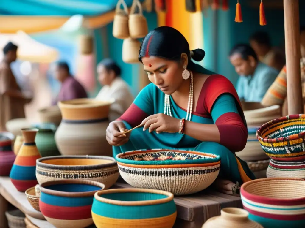 Artesanos indígenas creando cestas, textiles y cerámica en un mercado vibrante