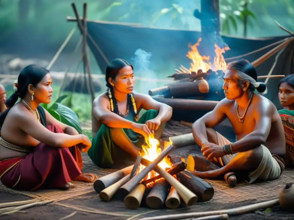 Artesanos indígenas concentrados en sus creaciones junto al fuego en un ambiente tradicional