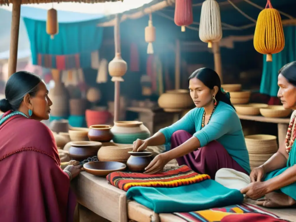 Artesanos indígenas exhiben sus creaciones en un mercado vibrante, reflejando la riqueza cultural