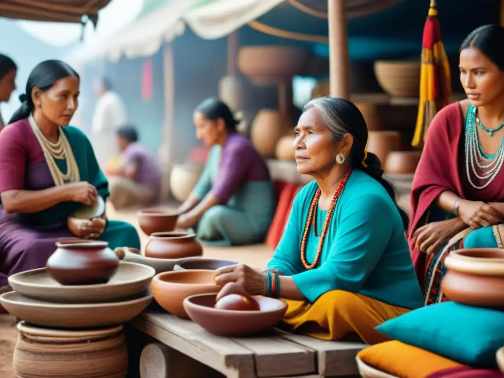 Artesanos indígenas en mercado vibrante, mostrando textiles, cerámica y joyería