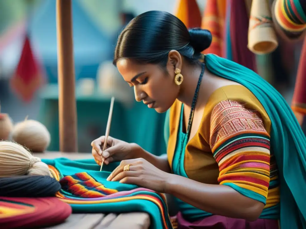 Artesanos indígenas preservan la moda espiritual con bordados detallados en textiles vibrantes en un mercado artesanal bullicioso