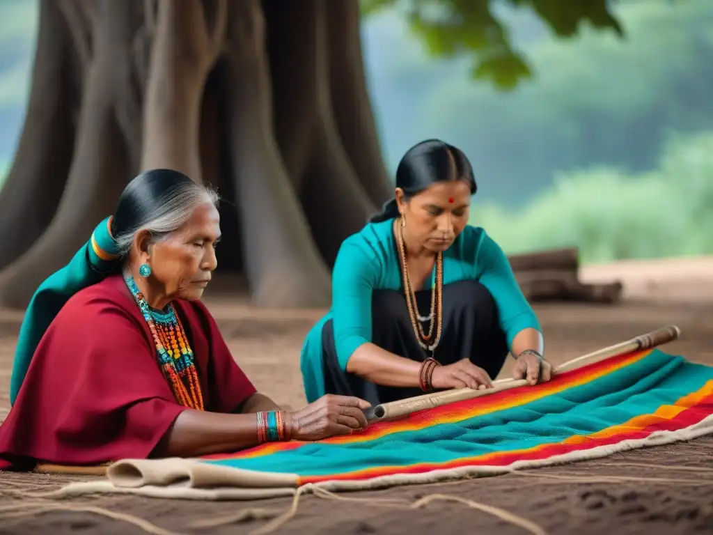 Artesanos indígenas preservando moda con tecnología, tejiendo bajo un árbol