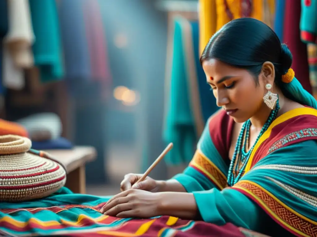 Artesanos indígenas creando moda tradicional en mercado vibrante