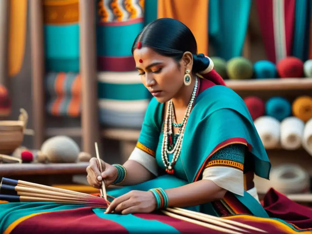 Artesanos indígenas creando moda tradicional con telas vibrantes y herramientas ancestrales