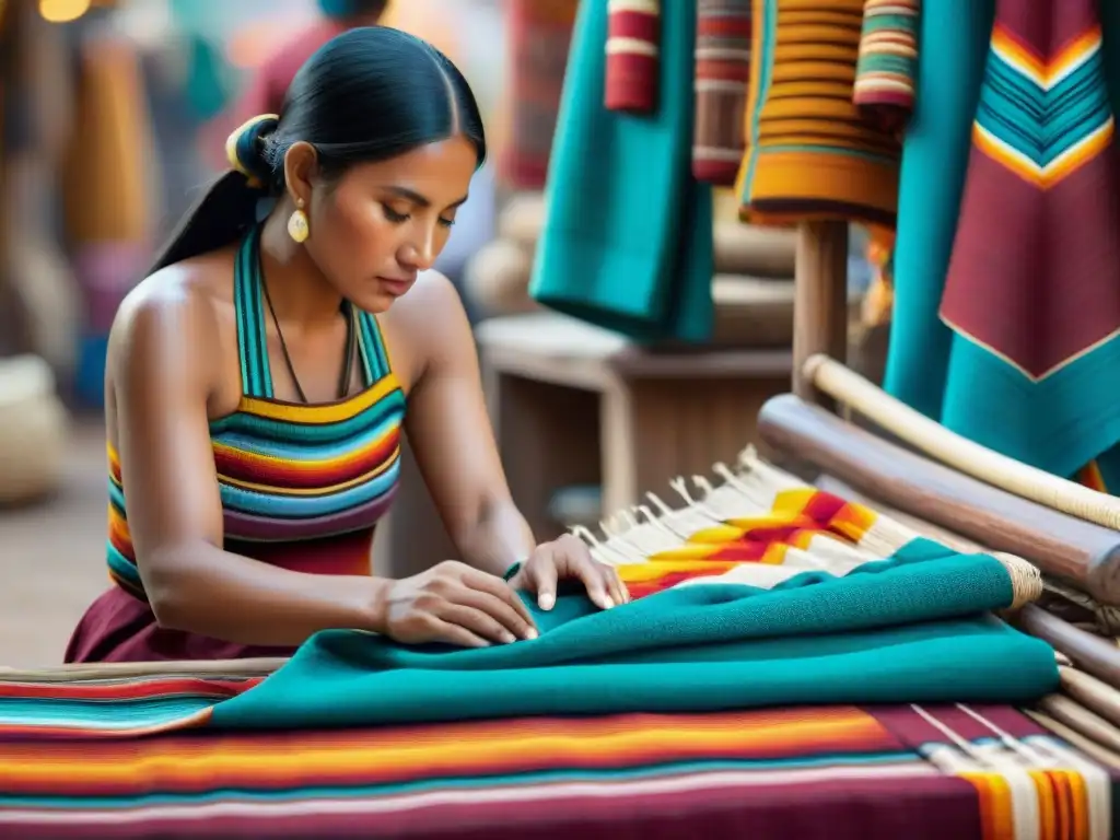 Artesanos indígenas tejiendo patrones tradicionales en vibrantes textiles en un mercado lleno de colores y productos hechos a mano