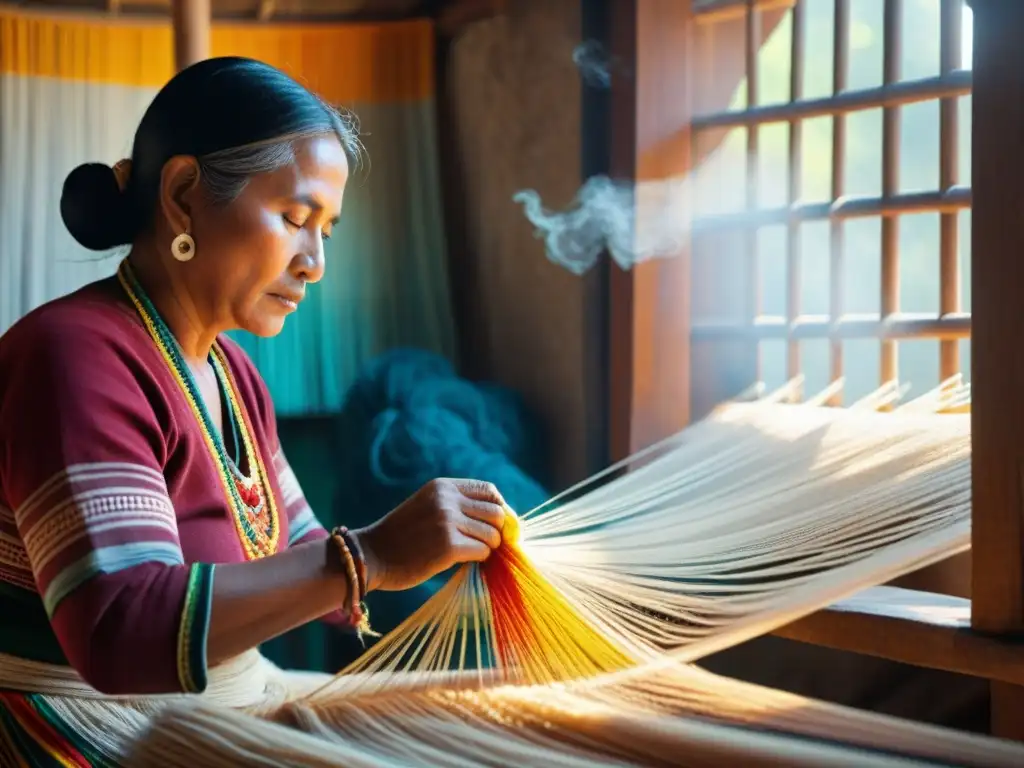 Artesanos indígenas tejiendo patrones vibrantes en telas tradicionales con creencias textiles indígenas mágicas