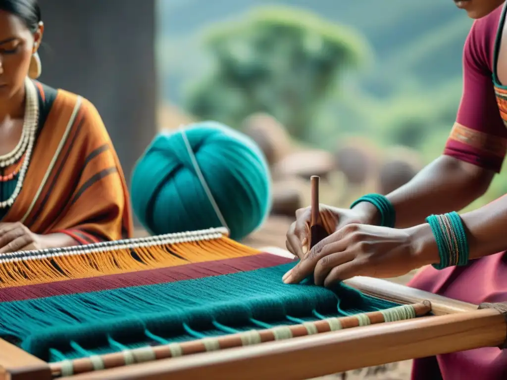 Artesanos indígenas tejiendo patrones en telar, fusionando tradición y tecnología