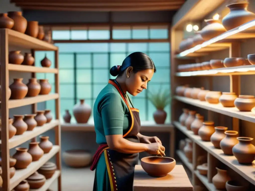 Artesanos indígenas creando productos tradicionales en un taller iluminado, fusionando herencia cultural con mercado online