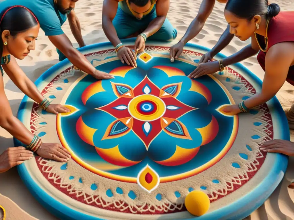 Artesanos indígenas crean mandala con precisión y significado espiritual en vibrantes colores