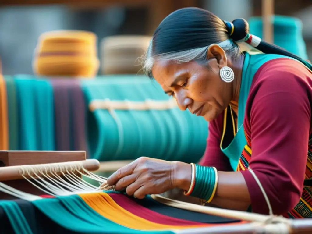 Artesanos indígenas tejiendo textiles coloridos con técnicas ancestrales en un mercado vibrante