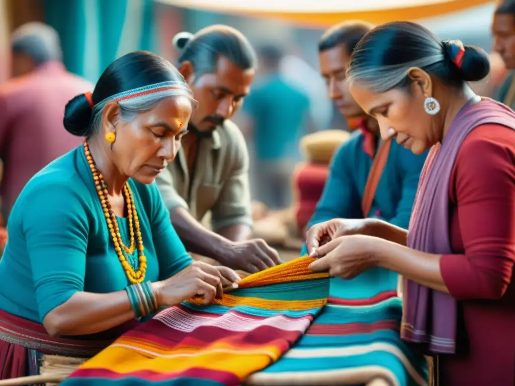 Artesanos indígenas tejiendo textiles en mercado vibrante