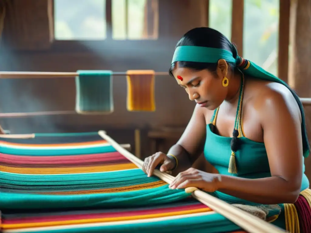 Artesanos indígenas tejiendo textiles con patrones vibrantes y coloridos en un taller iluminado por el sol