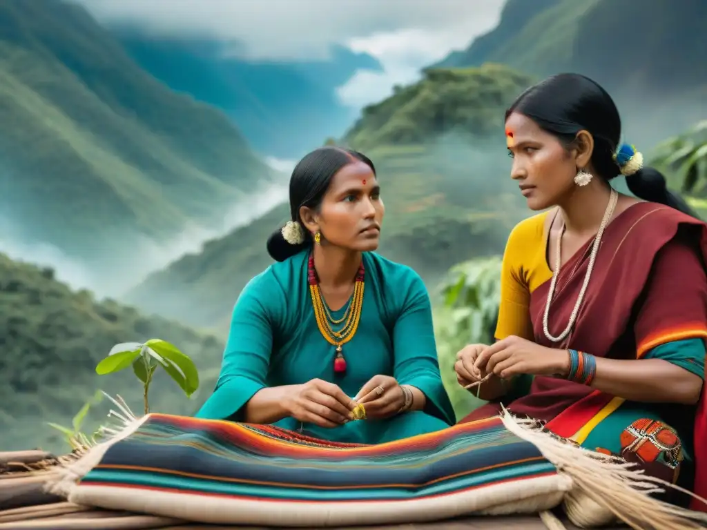 Artesanías indígenas: tejidos sostenibles y coloridos en la naturaleza Artesanos indígenas tejiendo textiles sostenibles con técnicas tradicionales en un entorno natural