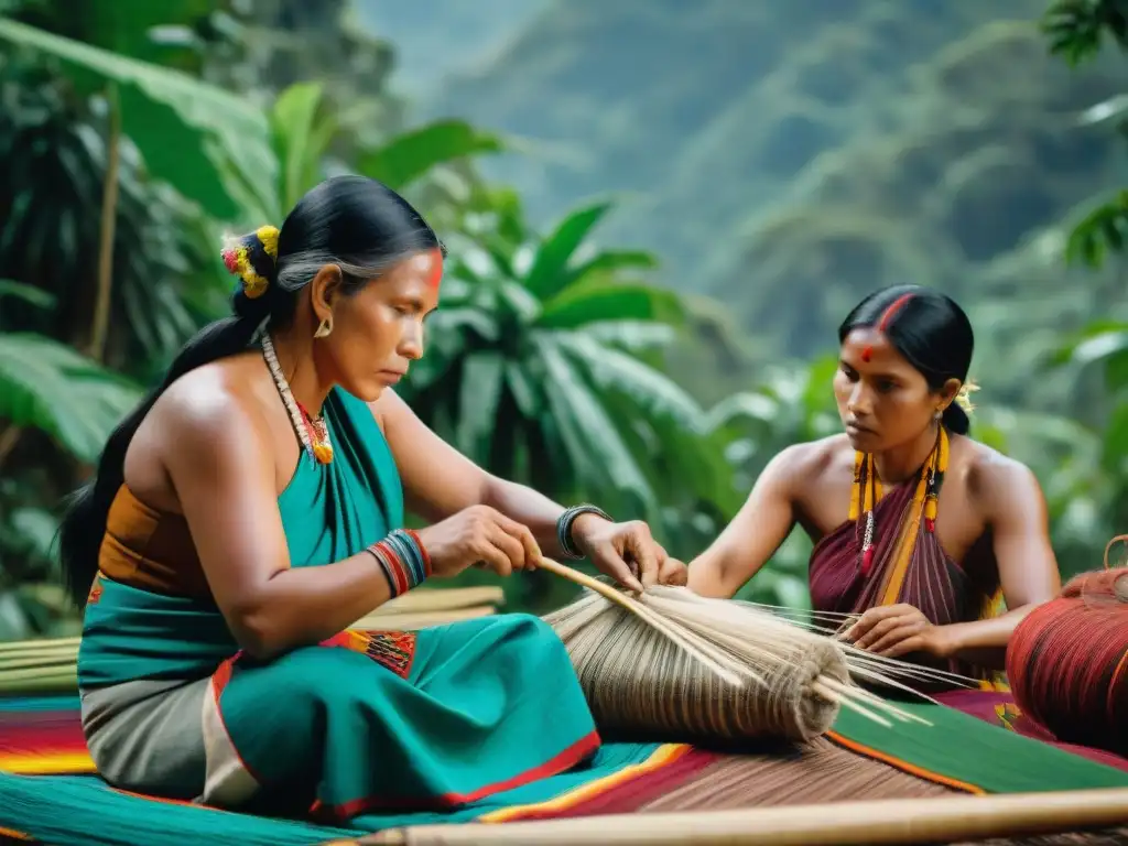 Artesanía textil indígena en la selva: tradición sostenible Artesanos indígenas tejiendo textiles sostenibles en la selva