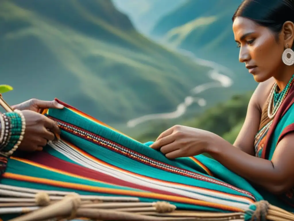 Artesanías indígenas: tejidos tradicionales sostenibles Artesanos indígenas tejiendo textiles sostenibles con métodos tradicionales