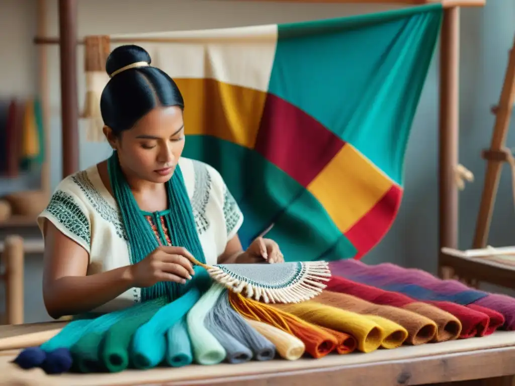 Artesanos indígenas crean textiles en un taller iluminado por el sol, fusionando tradición con modernidad