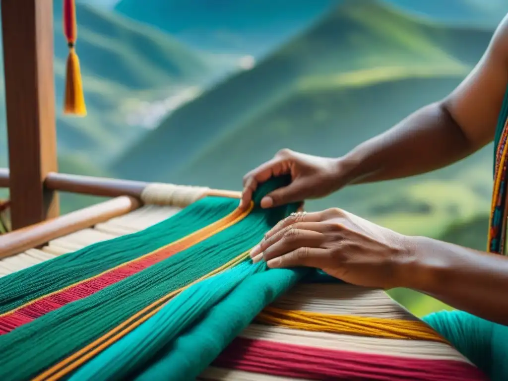 Artesanía indígena: tejidos vibrantes en la montaña Artesanos indígenas tejiendo textiles con técnicas tradicionales, en un paisaje montañoso