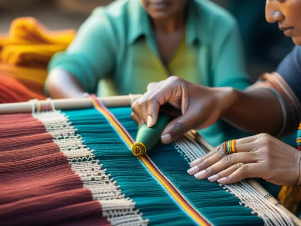 Artesanos indígenas tejiendo textiles con técnicas tradicionales: texturas, tintes naturales y patrones intrincados