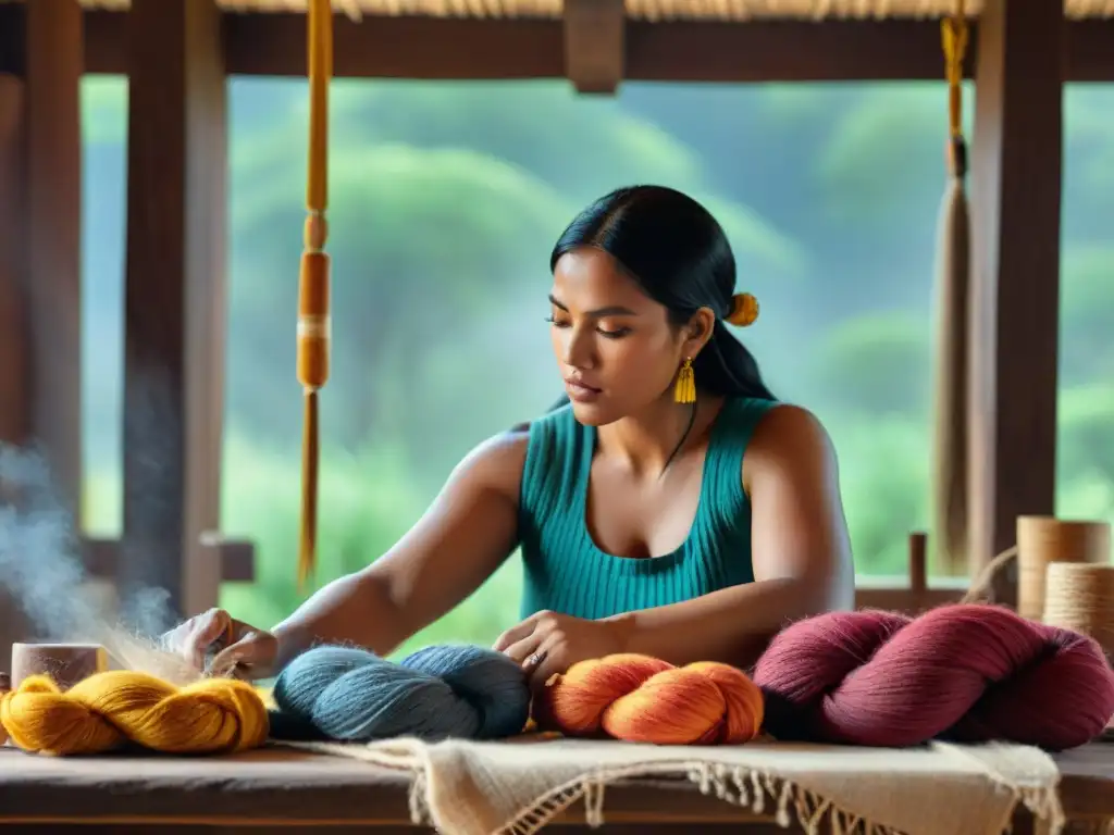 Artesanos indígenas crean textiles con tintes naturales y técnicas ancestrales, en un taller lleno de color y tradición