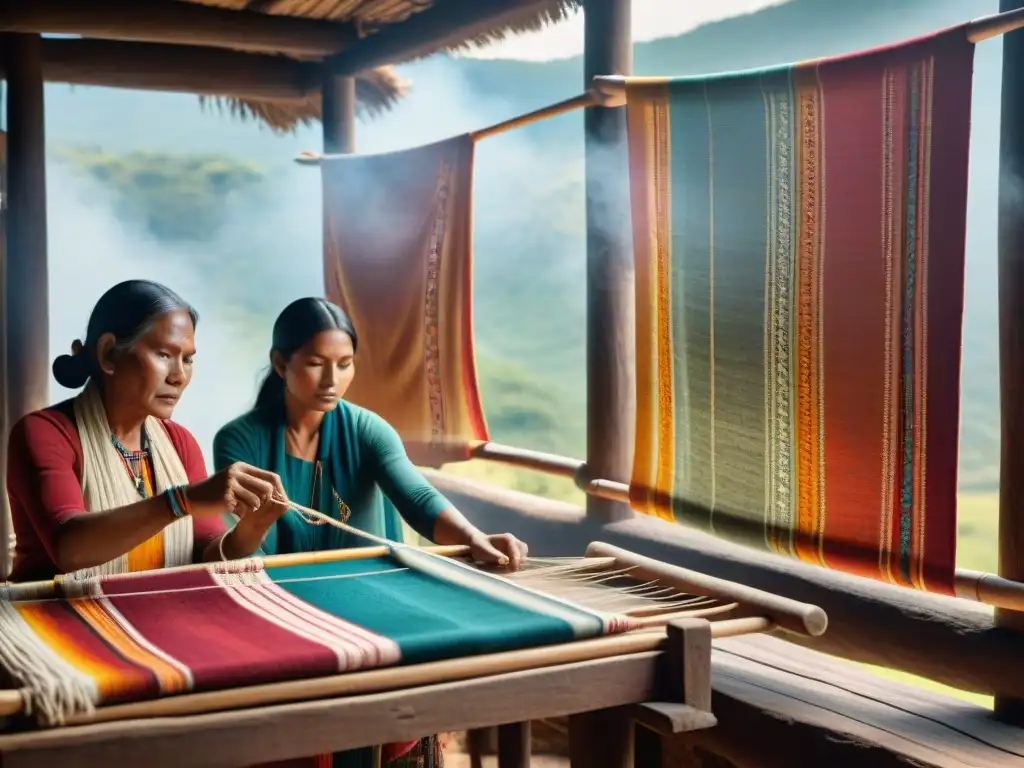 Artesanos indígenas tejiendo textiles tradicionales con influencia en moda en taller iluminado, destreza en telares