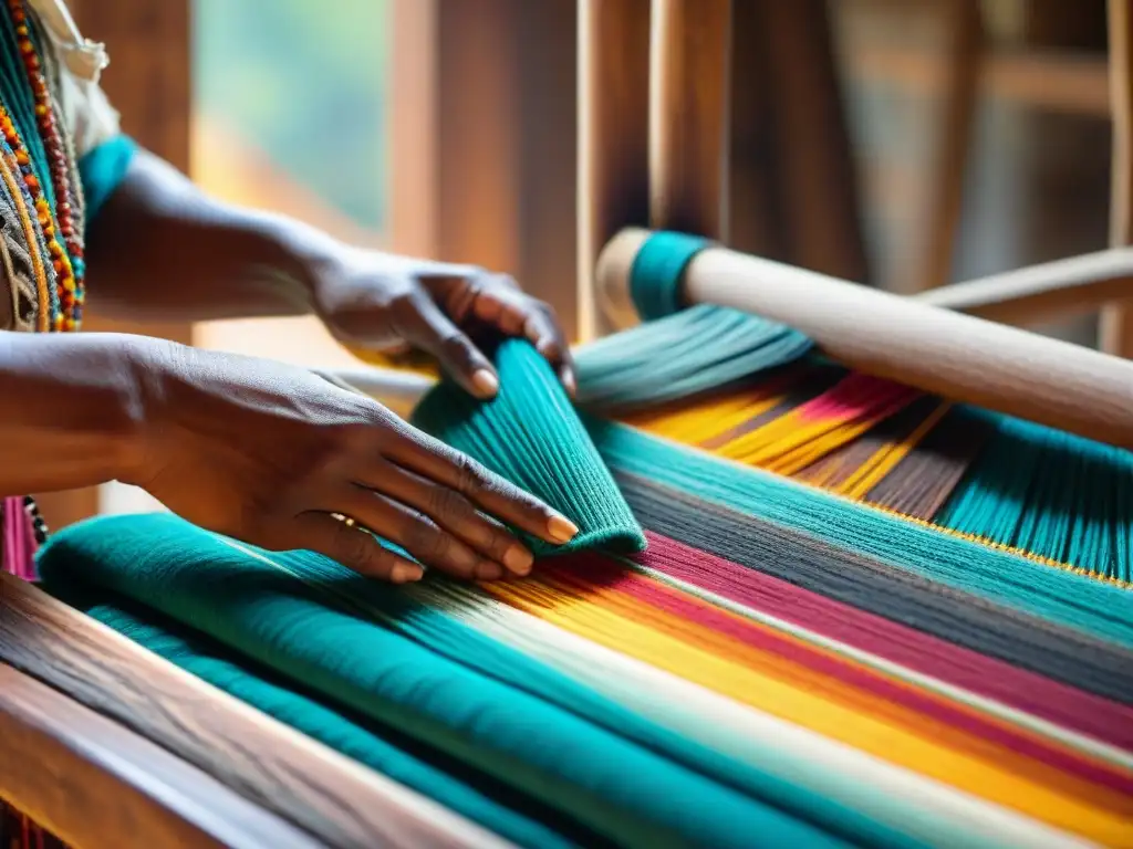 Artesanos indígenas tejiendo textiles tradicionales con influencia cultural en un telar de madera