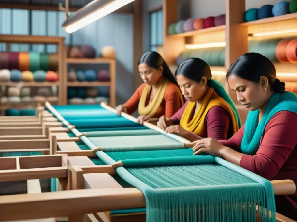 Artesanos indígenas tejiendo textiles tradicionales con destreza en un taller vibrante