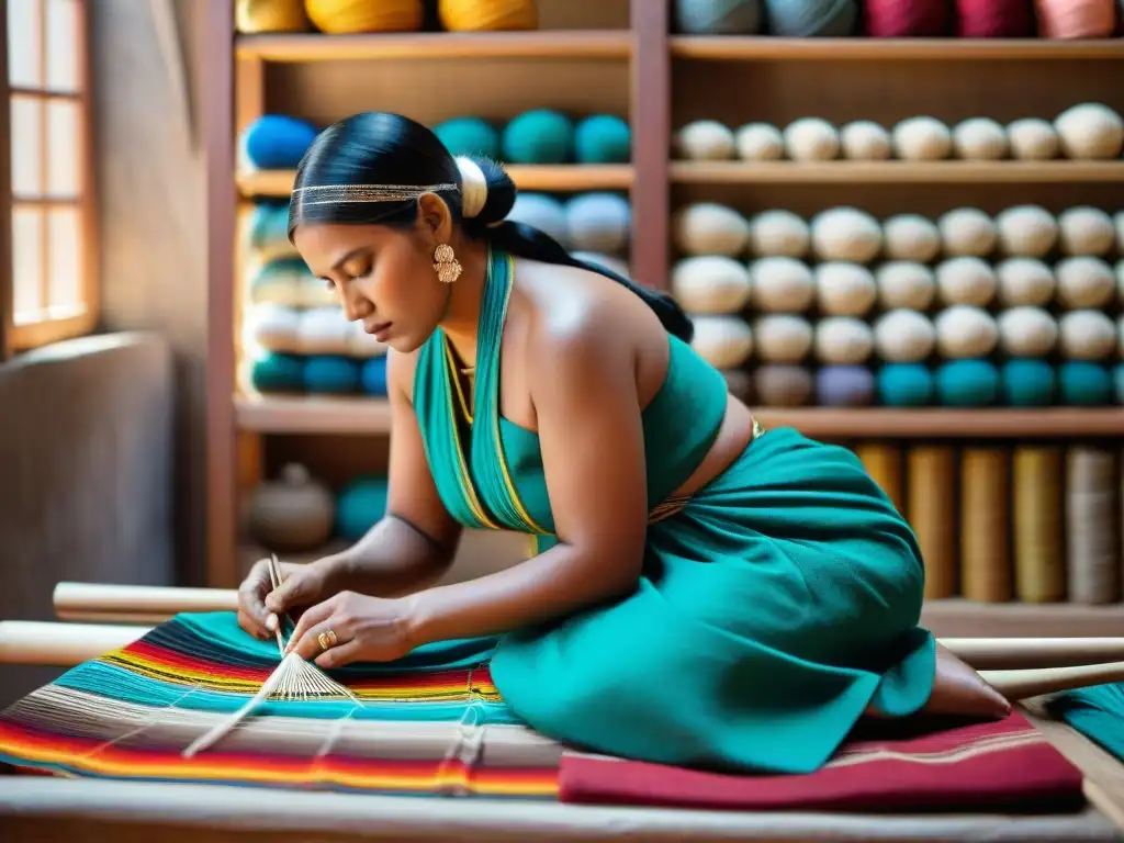 Artesanos indígenas tejiendo textiles tradicionales en un taller soleado, destacando la belleza de la moda indígena tradicional