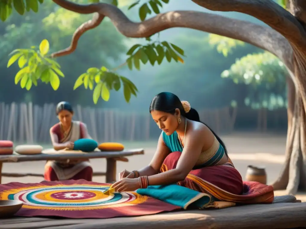 Artesanos indígenas tejiendo textiles tradicionales bajo un árbol centenario