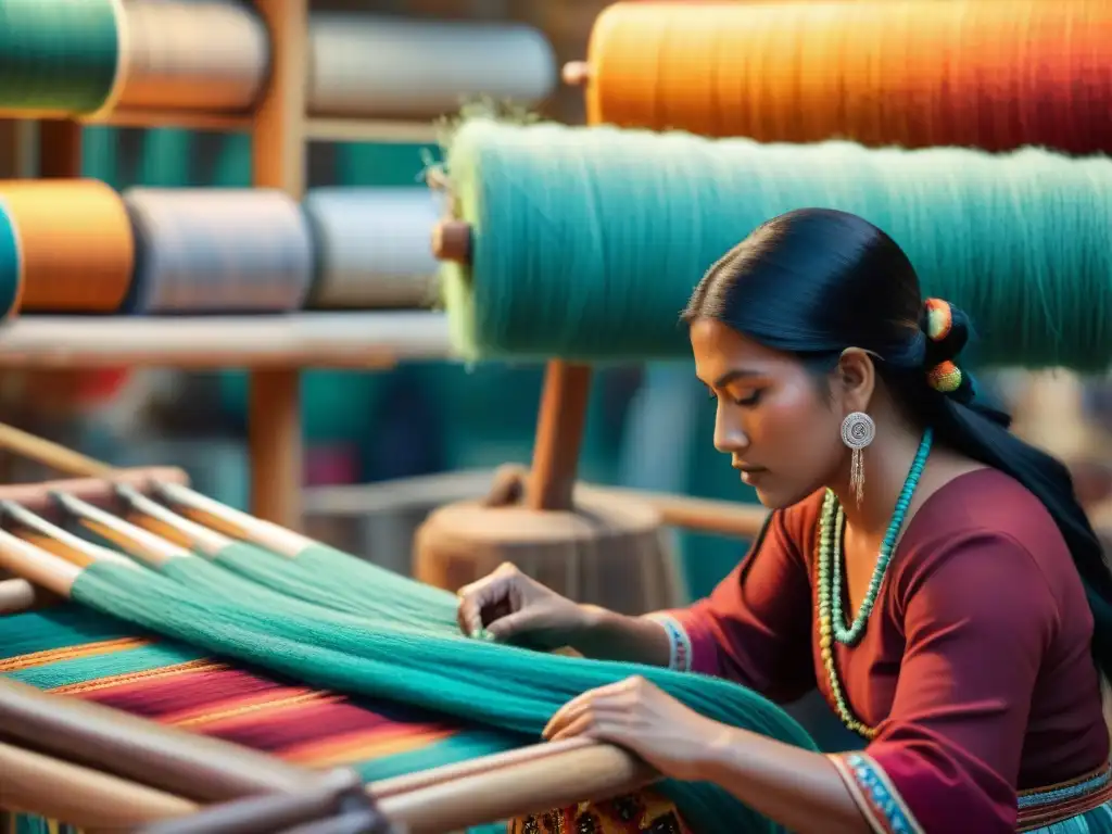 Artesanos indígenas tejiendo textiles tradicionales rodeados de colores y patrones en un mercado vibrante