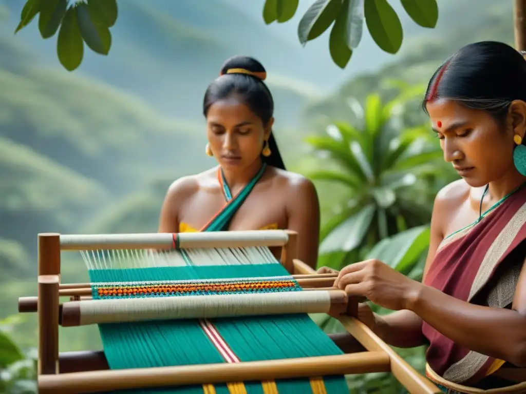 Artesanos indígenas tejiendo textiles tradicionales en un telar, en un bosque verde