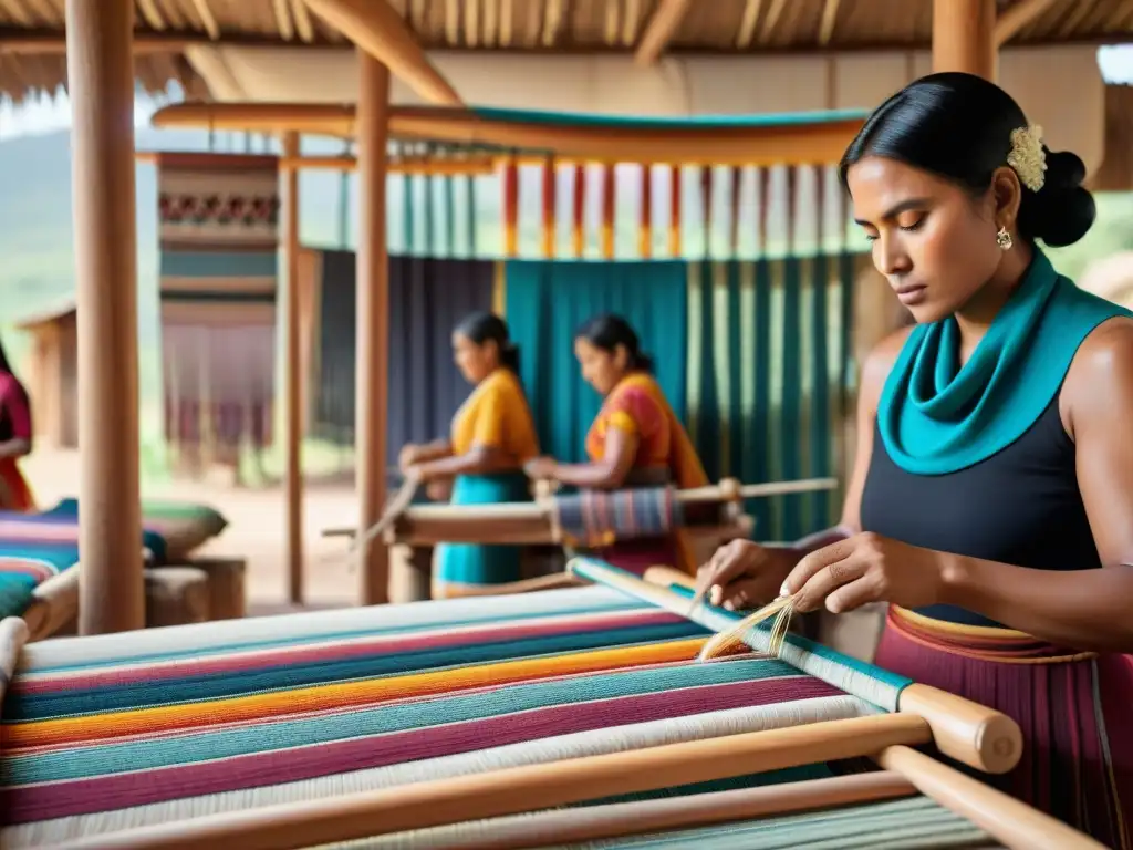 Artesanos indígenas tejiendo textiles tradicionales con tintes naturales en un taller soleado