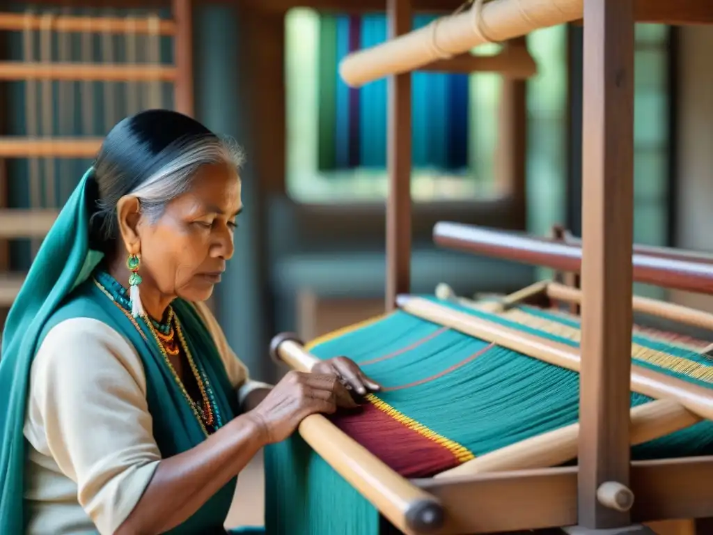 Artesanos indígenas tejiendo textiles tradicionales con técnicas ancestrales en un telar de madera, rodeados de tintes naturales y patrones intricados