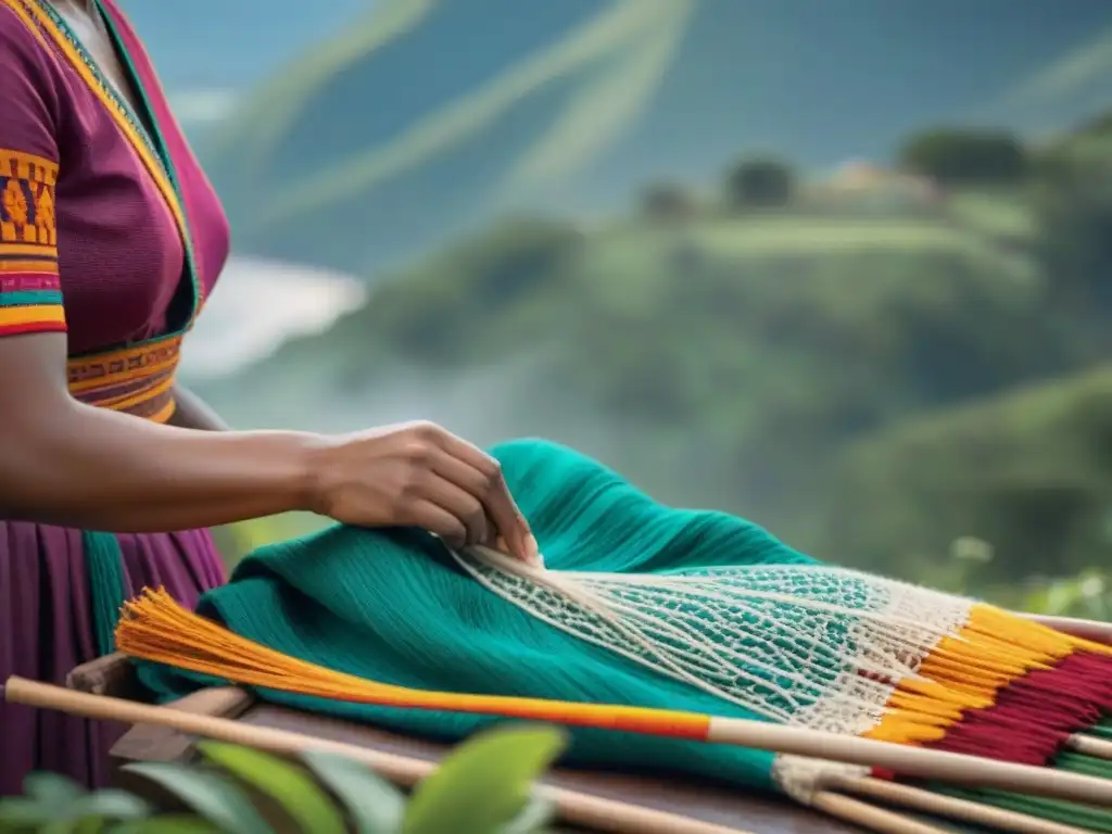 Artesanos indígenas tejiendo textiles vibrantes, manos expertas entre hilos coloridos, en paisaje verde con símbolos culturales