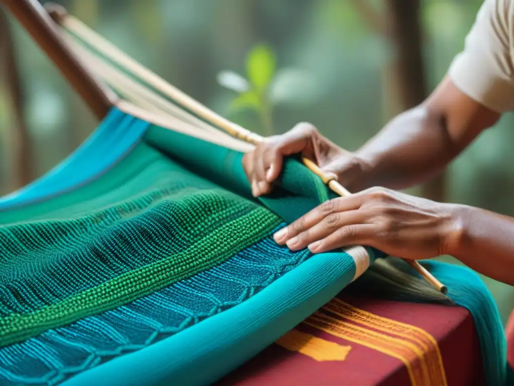 Artesanos indígenas tejiendo textiles vibrantes en la selva, destacando la protección diseños textiles indígenas