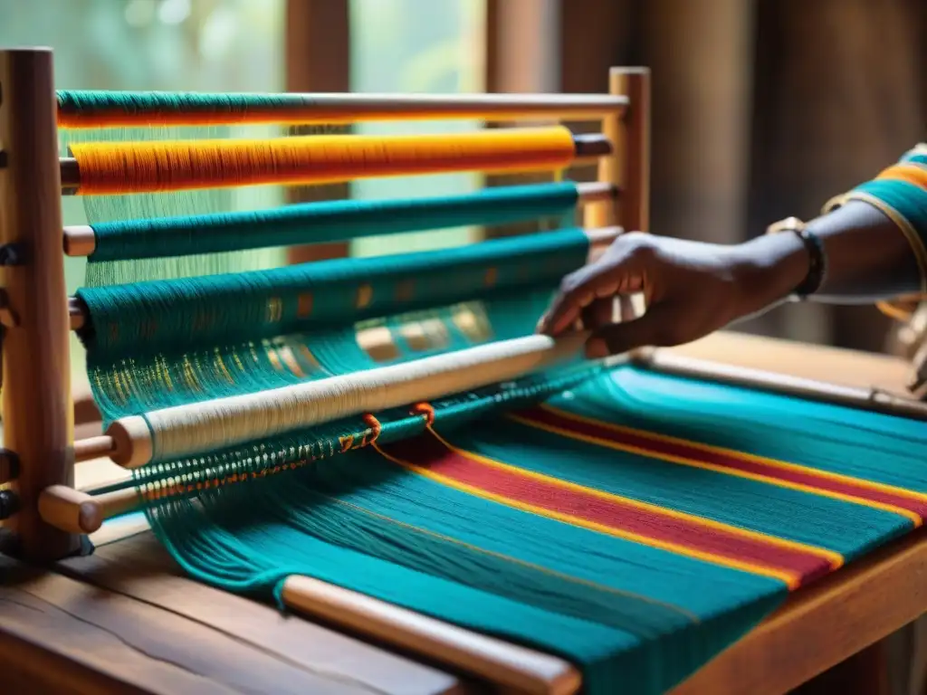 Artesanos indígenas tejen textiles vibrantes en telar de madera, fusionando técnicas tradicionales con diseño contemporáneo