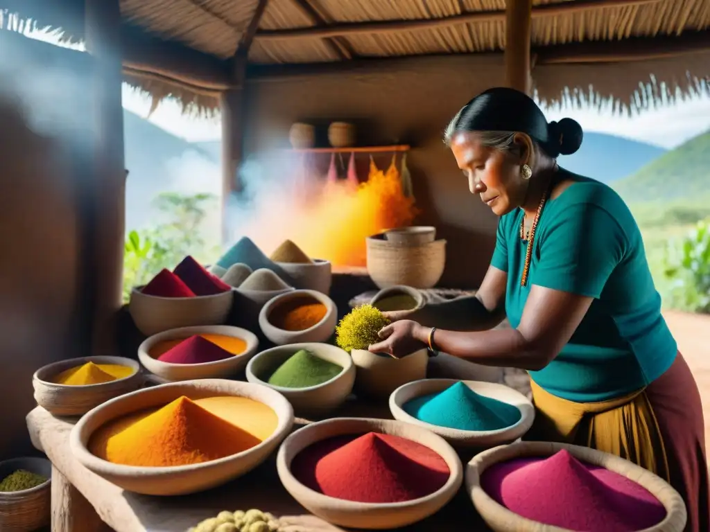 Artesanos indígenas seleccionando tintes naturales con cuidado en su taller, conectados con la naturaleza y su arte ancestral