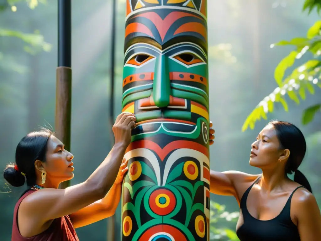 Artesanos indígenas preservando tradiciones ancestrales al pintar un tótem ceremonial en el bosque