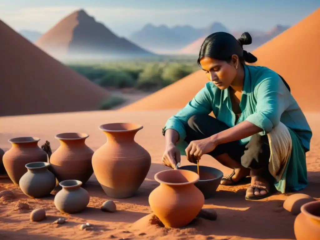 Artesanos indígenas moldean vasijas de barro bajo el sol del desierto, técnicas indígenas recolección agua zonas áridas