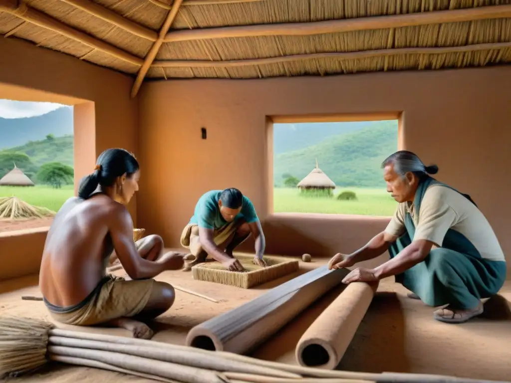 Artesanos indígenas construyendo vivienda nativa con adobe, madera y paja, destreza y tradición en entorno natural