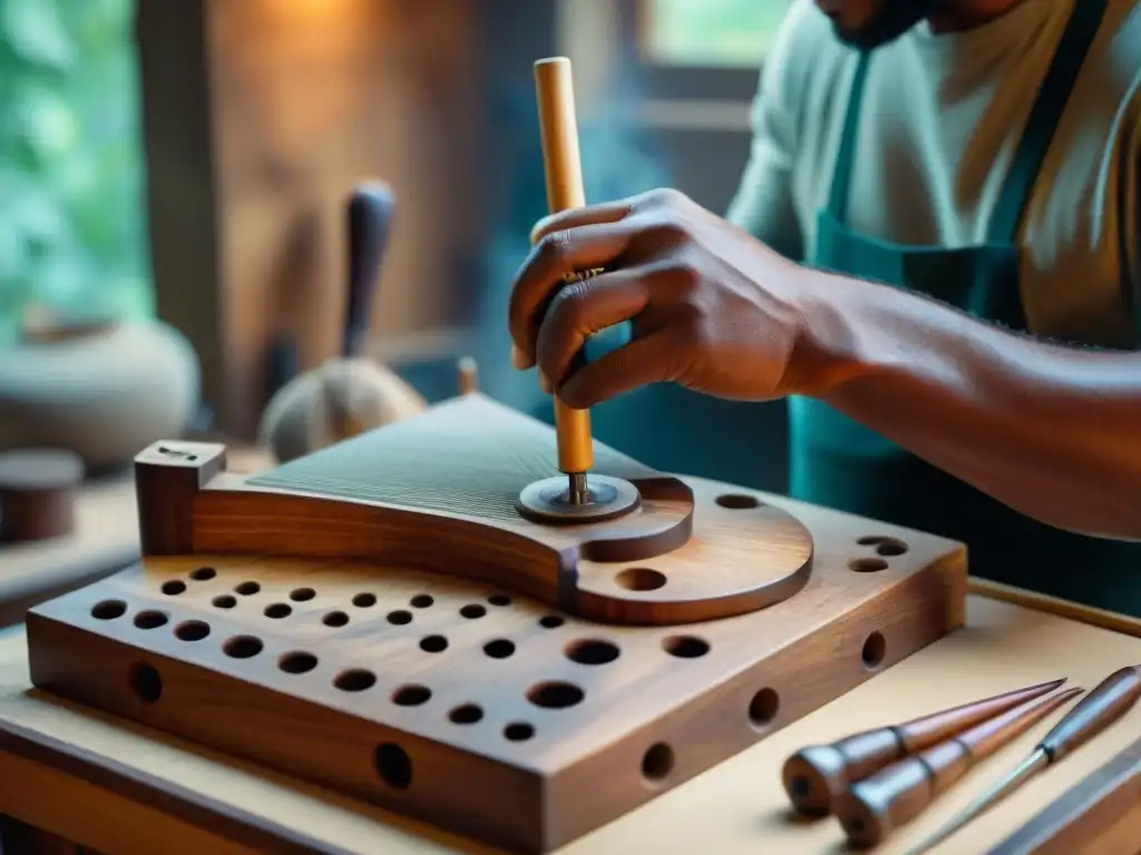 Artesanos restaurando instrumentos musicales ancestrales con destreza en un taller tradicional, destacando la dedicación y experiencia