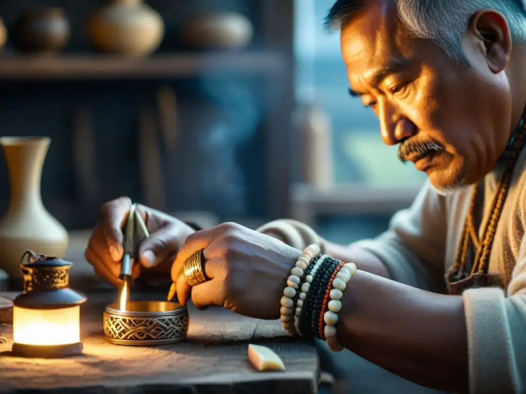 Artesanos inuit tallando brazaletes con significados ocultos en taller tenue