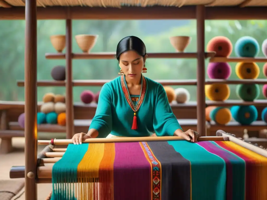 Artesanos zapotecas tejen textiles tradicionales con hilos vibrantes en telar de madera