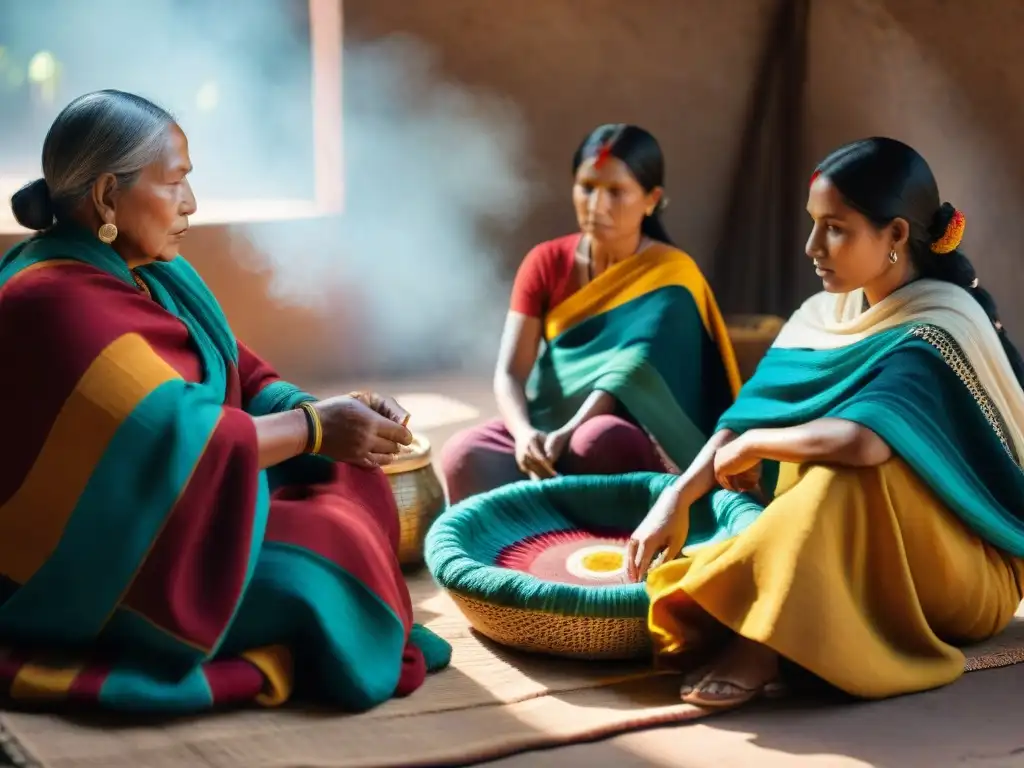 Artífices indígenas tejiendo textiles con tintes naturales, inmersos en su ancestral arte