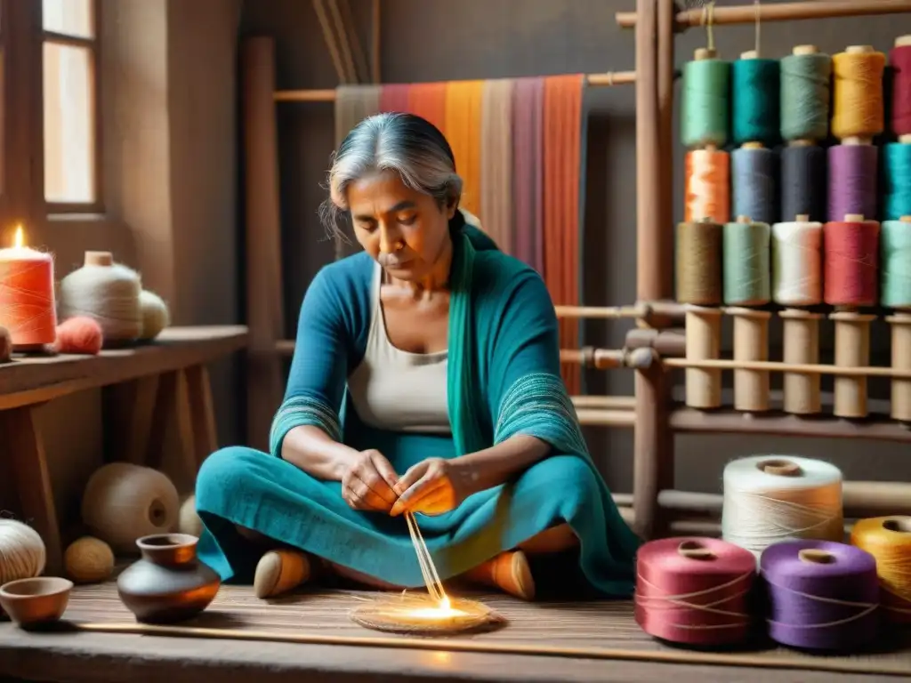 Artista teje patrón ancestral en telar de madera en habitación iluminada, rodeada de hilos de colores