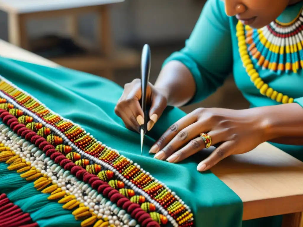 Artista restaurando detalladamente bordados en traje indígena, rescatando colores y patrones