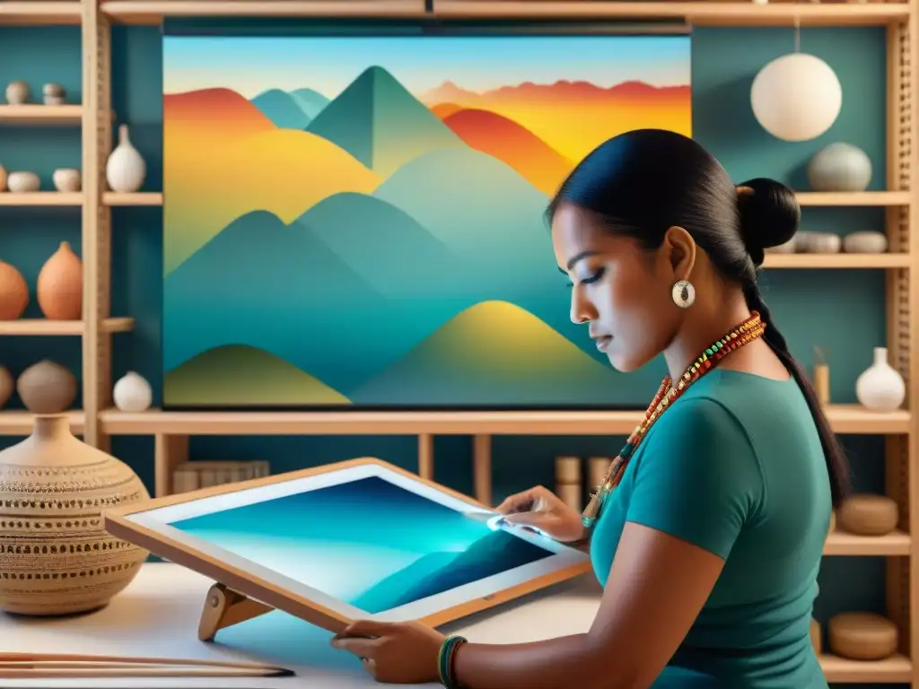 Un artista indígena antiguo contemporáneo pintando diseños tradicionales rodeado de tecnología moderna